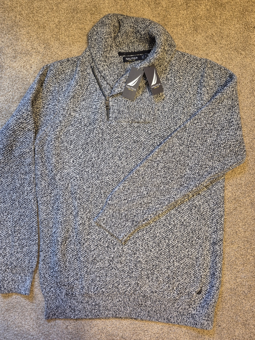 Vintage NWT Nautica Men's Black & White Marled Half-Zip Sweater Cowl Neck Large